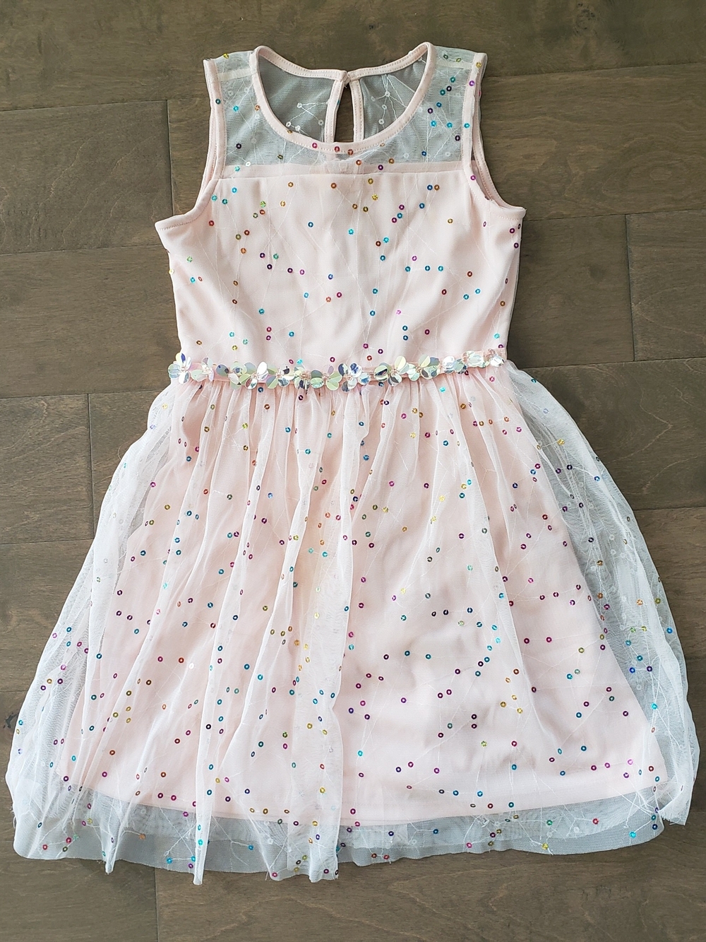 Justice Pink Sequin Floral Waist Tulle Dress 7Y